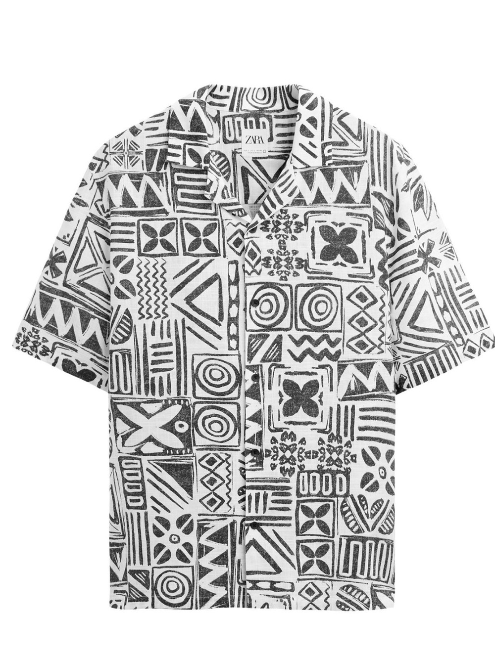 Zara Men Black & White Geometric Short Sleeve Button-Down Shirt